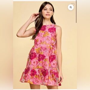 TCEC Pink Floral Jacquard Sleeveless Tiered Party Cocktail Dress Size Small